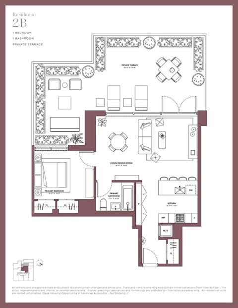 Floor plan for 1 bed, 1 bath, 737 sqft